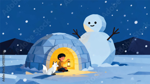 Illustration Of A Child With A White Fox Sitting In A House Made Of Ice Blocks Vector Design Template