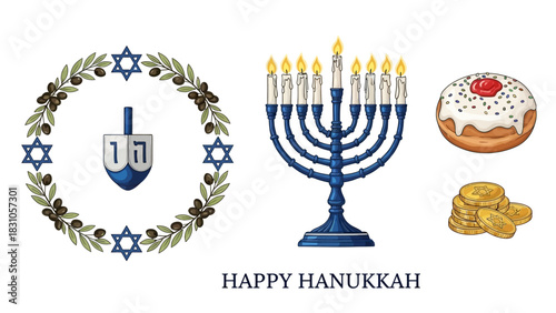 Traditional Hanukkah vector elements with olive wreath, Menorah, and dreidel for Jewish holiday design