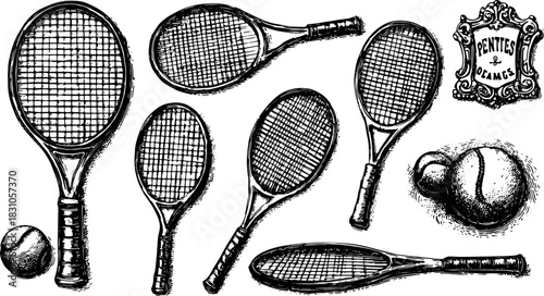 Vintage tennis rackets and a ball in a detailed sketch style. This black and white vector illustration showcases classic sports equipment in a set.