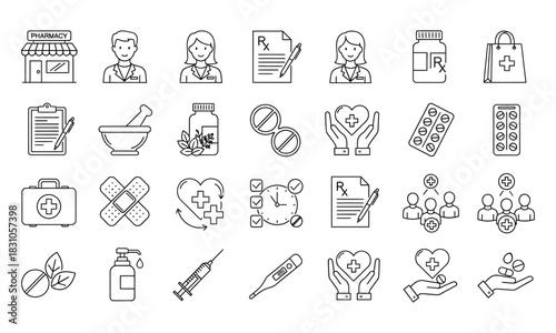Minimalist pharmacy and healthcare icon set in black line-art style on white background featuring medication, prescription, and medical symbols