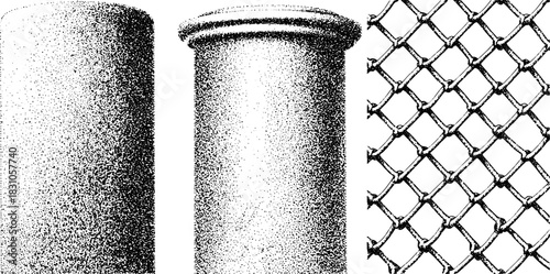 Illustration of columns and pillars with detailed textures. Simple design features a mesh pattern in black and white vector set.