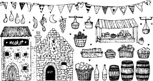 Market building with baskets of fruits and vegetables. Illustration set in black and white, featuring bottles and barrels in a vector style.