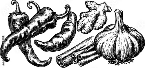Spices including chili, ginger, garlic, and cinnamon in a black and white vector illustration. Detailed food set ideal for culinary applications.