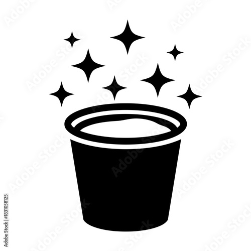 Cleaning Pail Illustration with Sparkles Black and White Vector