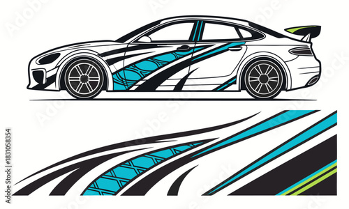 Modern Sport Car Vinyl Wrap Design – Abstract Racing Stripes, Blue and Black Graphic Decal Kit for Vehicle Customization