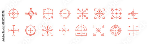 Varied crosshair shapes set. Collection of distinct target aim and focus icons. Vector reticles for game development security systems and high targeting precision. Icon vector.