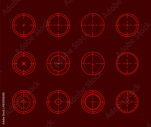 Red crosshair target icon set. Futuristic target crosshair vector. Aim gun shooting game UI military sight and effective targeting. Isolated symbols collection.