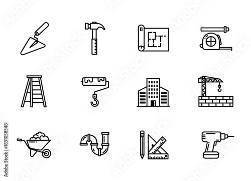 Set of construction and building tool line icons