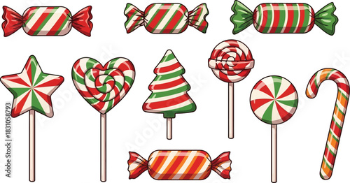 Holiday candies set including stripped design star, heart, tree lollipops and wrapped shapes. Festive design elements on transparent background.