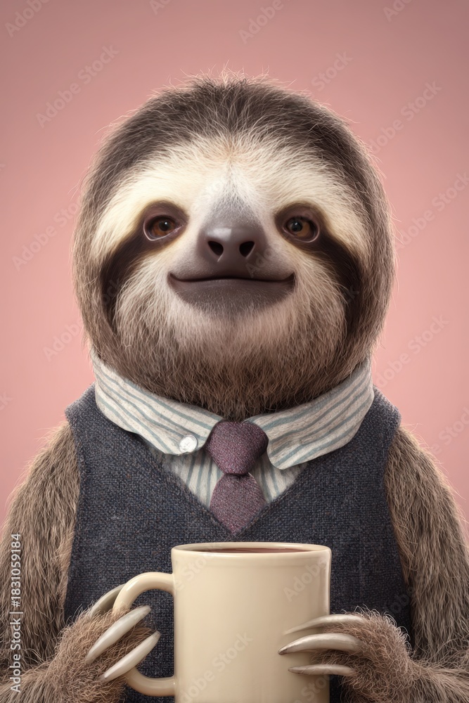 Obraz premium Cartoon-Inspired Realistic Sloth in Office Attire with Giant Mug