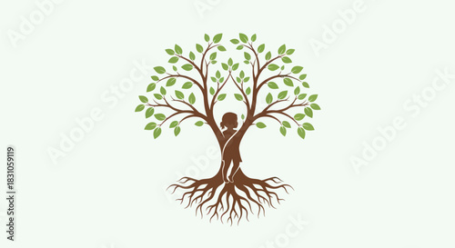 Vibrant green tree with deep roots and nurturing child silhouette representing growth and nature