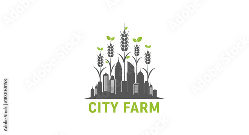 City Farm Concept with Urban Skyline and Growing Wheat Stalks Green Leaves Sustainable Agriculture