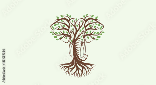 Majestic Elephant Tree Logo Design Symbolizing Nature Connection and Growth with Roots and Green