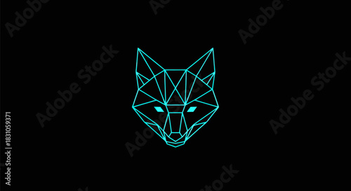 Sleek geometric wireframe fox head with vibrant neon blue lines on a dark black background