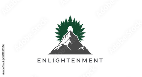Majestic mountain peak with serene pine forest and spiritual enlightenment symbol logo design