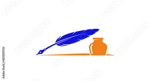 Classic Feather Quill Pen and Inkwell Illustration for Vintage Writing and Education Concepts