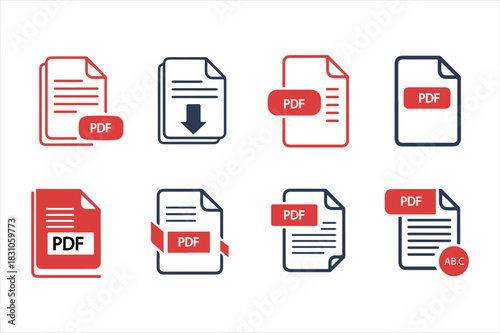 Set of pdf document icons with download and abc labels