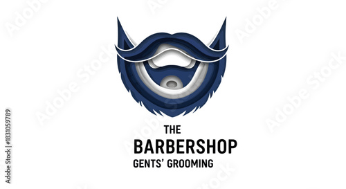 Modern Barbershop Logo Design with Stylish Blue Papercut Beard and Mustache for Gents Grooming
