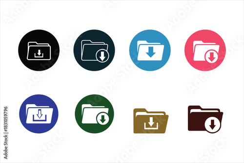 Download folder icons set on various colored circles