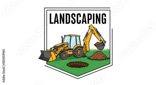 Vibrant backhoe loader excavating soil for landscaping and construction projects illustration