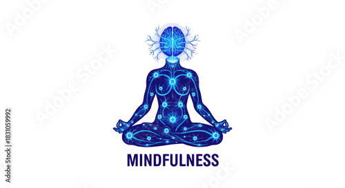 Digital Mindfulness Meditation Concept with Glowing Neural Network and Brain