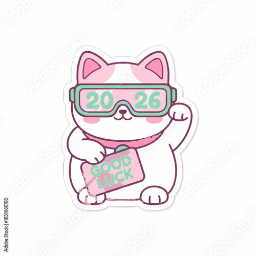 Cute Maneki Neko cat wearing futuristic 2026 goggles for good luck.