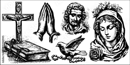 Vintage illustration of a cross and figure, with hands in prayer, a bird, and a rosary in a spiritual vector set.