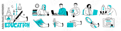 A doodle set of people on the topic of education. Online and offline. Men and women, hands, books, and ideas. Vector isolated line illustration.
