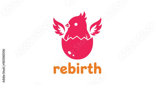 Modern pink winged chick hatching from egg logo concept symbolizing rebirth and growth