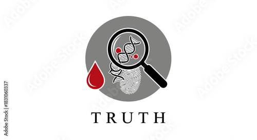 Scientific DNA Fingerprint Magnifying Glass Blood Drop Icon Revealing Truth Investigation