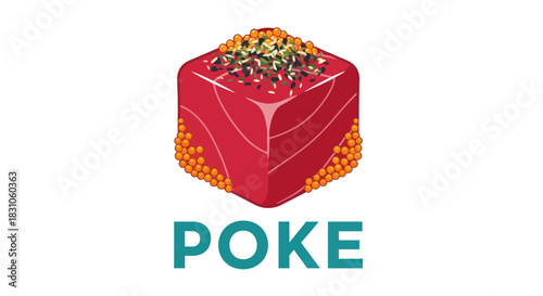 Vibrant Raw Poke Tuna Cube Illustration with Roe and Sesame Seeds on White