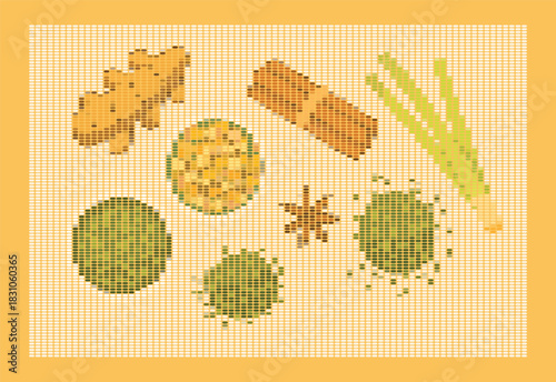 Herbal Tea Ingredients Halftone Dot Matrix Art - Spices Stipple Top-View Digital Graphic