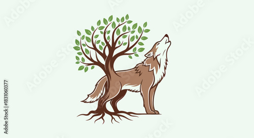 Howling Wolf and Tree Symbolizing Nature Connection and Wilderness Spirit Emblem