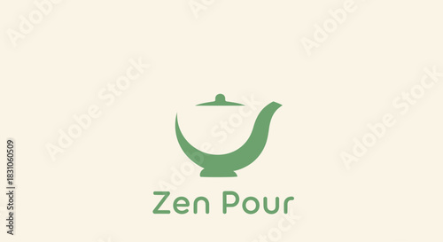 Minimalist Green Teapot Zen Pour Logo Design for Relaxing Beverage Brand Identity