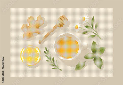 Herbal Tea Ingredients: Top-View Dot Matrix Halftone Art with Soft Shadows and Natural Remedies