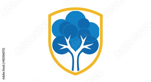 Modern Abstract Blue Tree within a Gold Shield Emblem Symbolizing Environmental Protection