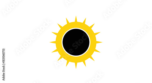 Stylized Yellow Sun Icon with Black Center on White Background Representing a Solar Eclipse