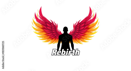 Dynamic human silhouette with fiery gradient wings symbolizing rebirth spiritual growth and new