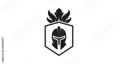 Iconic Spartan Helmet Logo within a Shield with Stylized Feather Crest Protection and Strength