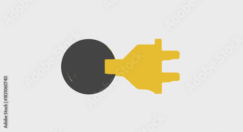 Yellow electrical plug inserted into dark grey socket on light background power connection concept