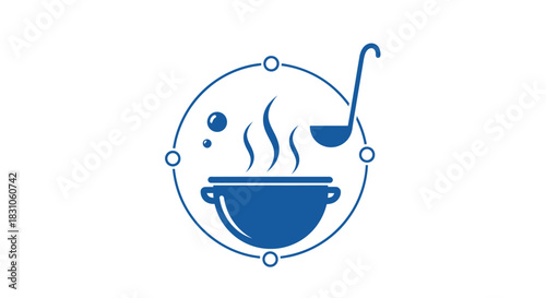 Blue cooking pot and ladle with rising steam and bubbles in a connected circular frame vector icon