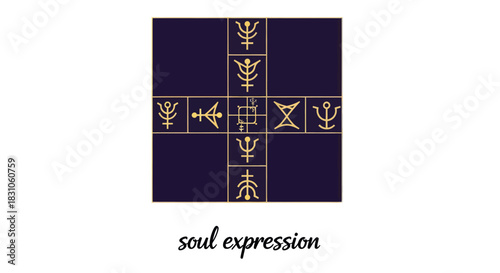 Intricate Golden Esoteric Symbols Form a Mystical Cross Grid on a Dark Blue Background