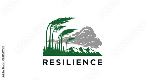 Symbolic Resilience Logo Featuring Windblown Trees Stormy Clouds and Majestic Mountains Landscape