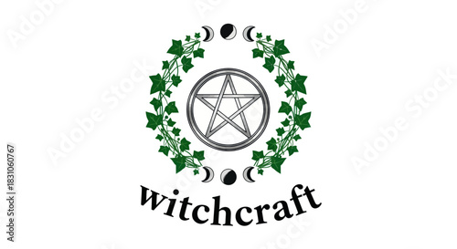 Mystical Pentagram Ivy Wreath with Moon Phases and Witchcraft Text Symbol on White Background