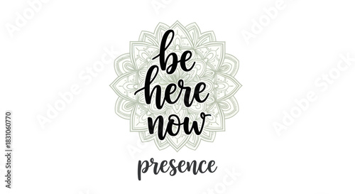 Mindful presence with Be Here Now spiritual calligraphy on elegant mandala artwork