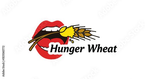 Stylized graphic of vibrant red lips biting a golden wheat stalk symbol for natural hunger