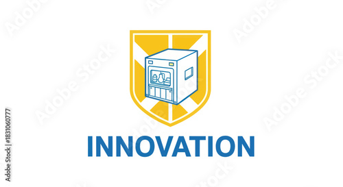 Modern Scientific Innovation Shield Logo with Lab Machine and Text Symbolizing Progress