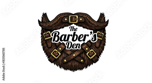 Vintage Barber's Den Logo with Stylized Beard and Mustache Featuring Leather Straps and Buckles