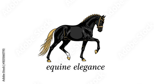 Elegant Black Horse with Golden Mane and Tail Vector Illustration on White Background
