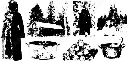 Woman in warm clothing by a cabin. Outdoor vector illustration with snow, firewood, and cooking pots in a winter set.